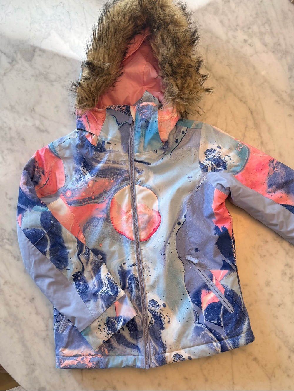 Roxy Girls' Multicolor Swirl Puffer Snow Jacket with Faux Fur Hood - size 10
